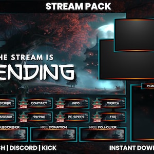 Puede incluir: Un paquete de transmisión en directo azul oscuro y turquesa con un fondo de inspiración japonesa. El texto "STREAM PACK" está en la parte superior de la imagen. El texto "THE STREAM IS ENDING" está en el centro de la imagen. La imagen incluye un cuadro de chat, un botón de suscripción, un botón de contacto, un botón de información, un botón de mercancía, un botón de Instagram, un botón de TikTok, un botón de especificaciones de PC, un botón de preguntas frecuentes, un botón de nuevo suscriptor, un botón de nueva donación y un botón de nuevo seguidor. El texto "TWITCH | DISCORD | KICK" está en la parte inferior izquierda de la imagen. El texto "INSTANT DOWNLOAD" está en la parte inferior derecha de la imagen.