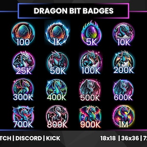May include: A collection of dragon-themed bit badges for Twitch, Discord, and Kick. Each badge features a dragon or dragon egg design with a number indicating the bit amount. Sizes include 18x18, 36x36, and 72x72 pixels.