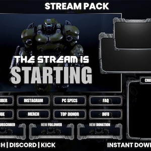 Mech Warrior Stream Overlay Pack for OBS Twitch Kick – Animated Sci-Fi Robot Stream Screens, Panels, Alerts & Webcam for Streamlabs