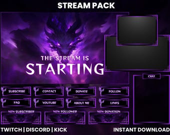 Animated Twitch Stream Pack | Twitch Screen Overlay | Animated Webcam | Twitch Alerts | Chat Box Overlay | Purple Dragon Stream Pack
