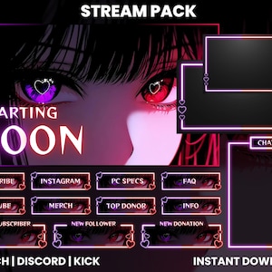 Anime Girl Stream Overlay Pack for Twitch, YouTube, Kick | Animated Screens, Neon Alerts, Panels & Webcam Layout | Neon Purple Red