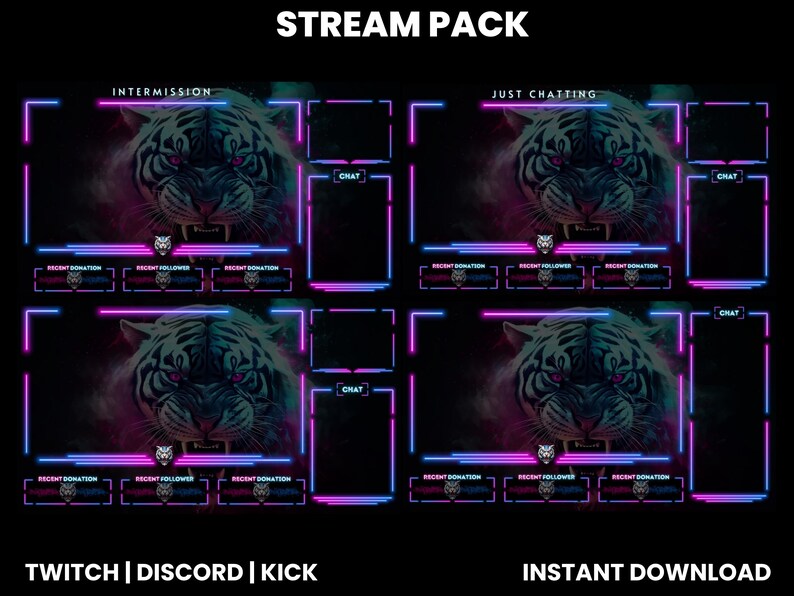 Tiger Rip Overlay Neon White Tiger Twitch Stream Pack | Twitch Screen Overlay | Twitch ...