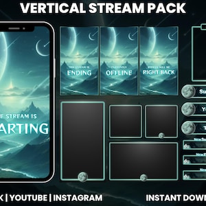 May include: A digital stream pack with a celestial theme. The pack includes a phone screen with the text "The Stream Is Starting", panels for chat, and social media buttons. The color palette is teal and black.