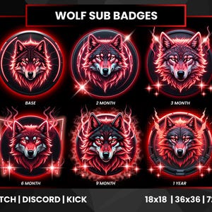 Puede incluir: Un conjunto de seis insignias de suscripción de lobo digitales en un esquema de color rojo y negro. Cada insignia presenta un diseño detallado de cabeza de lobo con efectos brillantes y el texto "WOLF SUB BADGES". Las insignias están etiquetadas para diferentes duraciones de suscripción.