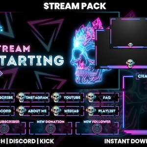 Peut inclure: Un pack de diffusion Twitch rose et bleu néon avec un motif de crâne et le texte "STREAM STARTING". Le pack comprend une boîte de chat, une superposition de webcam et plusieurs boutons de médias sociaux.