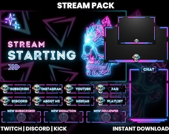 Neon Skull Twitch Stream Pack | Twitch Screen Overlay | Twitch Panels | Twitch Animated Screens | Webcam Overlay | Twitch Alerts | Kick