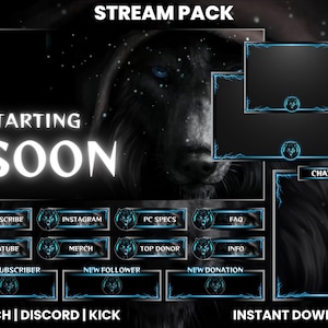 Puede incluir: Un paquete de transmisión de Twitch negro y azul con un diseño de lobo. El paquete incluye una pantalla de inicio, chat, nuevo suscriptor, nuevo seguidor, nueva donación, suscribirse, Instagram, especificaciones de PC, preguntas frecuentes, YouTube, mercancía, mejor donante y paneles de información. El texto "STREAM PACK", "STARTING SOON", "TWITCH | DISCORD | KICK", "CHAT" y "INSTANT DOWNLOAD" está incluido en la imagen.