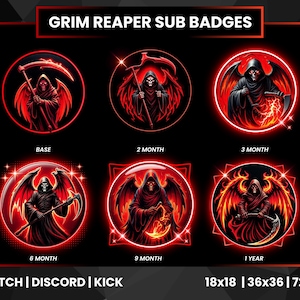 Op de afbeelding: Een set van zes Grim Reaper sub-badges in zwart en rood. Elke badge toont een illustratie van de Grim Reaper met een zeis, vleugels of andere elementen. De tekst "GRIM REAPER SUB BADGES" staat bovenaan. De tekst onderaan luidt "TWITCH | DISCORD | KICK" en de maten.