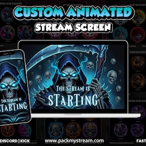 May include: A digital display featuring a grim reaper character with glowing blue eyes and a scythe, with the text "THE STREAM IS STARTING" centred. The graphic is shown on a smartphone and a laptop screen, surrounded by various circular icons.