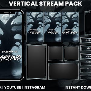 Può includere: Un pacchetto di streaming digitale con un tema oscuro e gotico. Il pacchetto include uno schermo del telefono con il testo "The Stream Is Starting" e vari schermi di sovrapposizione con testo come "Ending", "Offline" e "Right Back". Include anche pulsanti dei social media.