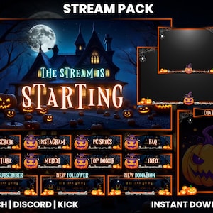 Może przedstawiać: Pakiet streamów o tematyce Halloween z nawiedzonym domem, dyniami i tekstem "The Stream Is Starting". Zawiera elementy nakładki dla Twitch, Discord i Kick, z przyciskami dla subskrybentów, darowizn i innych. Natychmiastowe pobieranie.