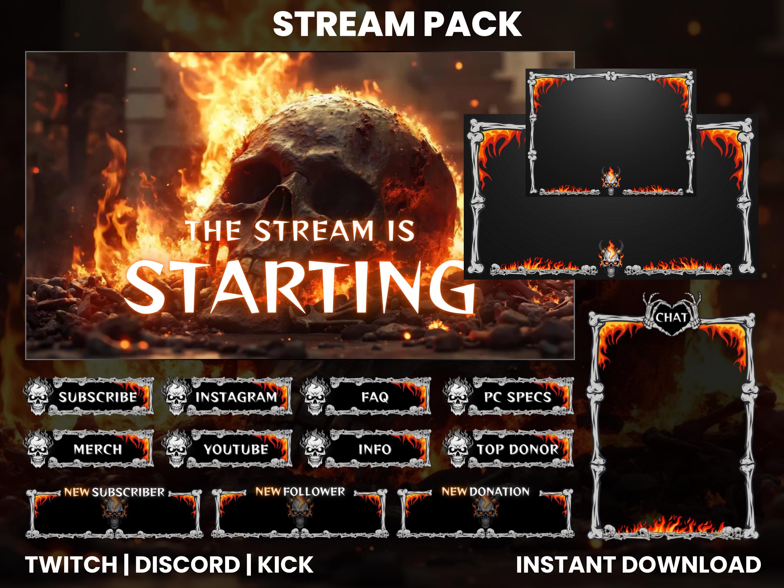 Animated Twitch Stream Pack | Twitch Screen Overlay | Animated Screens | Twitch Alerts | Burning Skull | Fire Overlay | Twitch Panels