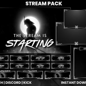 May include: Black and white Twitch stream overlay pack with a silhouette of a person in front of a moon. The text "THE STREAM IS STARTING" is in white. The overlay includes sections for subscribe, FAQ, about me, games, Instagram, contact, follow, links, new subscriber, new follower, new donation, chat, and a section for Twitch, Discord, and Kick. The text "INSTANT DOWNLOAD" is in white.