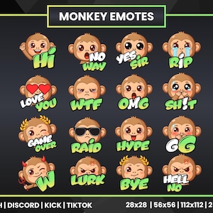 Pode incluir: Um conjunto de emotes de macaco com várias expressões e balões de texto. Os emotes incluem "Hi", "No Way", "Yes Sir", "RIP", "Love You", "WTF", "OMG", "Sh!t", "Game Over", "Raid", "Hype", "GG", "W", "Lurk", "Bye" e "Hell No."