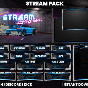 Drifting Car Twitch Stream Pack | Twitch Overlay | Webcam Overlay | Blue Porsche | Twitch Panel | Alerts | Chat Box Overlay | Discord | Kick