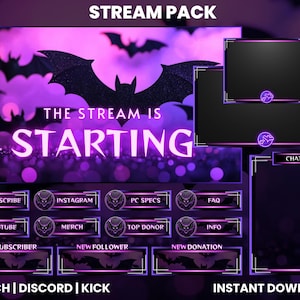 May include: Purple and black Twitch stream pack with bats and glitter. The text "STREAM PACK" is at the top of the image. The text "THE STREAM IS STARTING" is in the center of the image. The text "TWITCH | DISCORD | KICK" is at the bottom of the image. The text "INSTANT DOWNLOAD" is at the bottom right of the image.