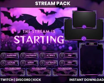 パープルバット Twitch ストリームパック | アニメーションスクリーン | 空飛ぶコウモリ | ウェブカメラオーバーレイ | Twitch オーバーレイ | Twitch アラート | パネル | Discord | キック