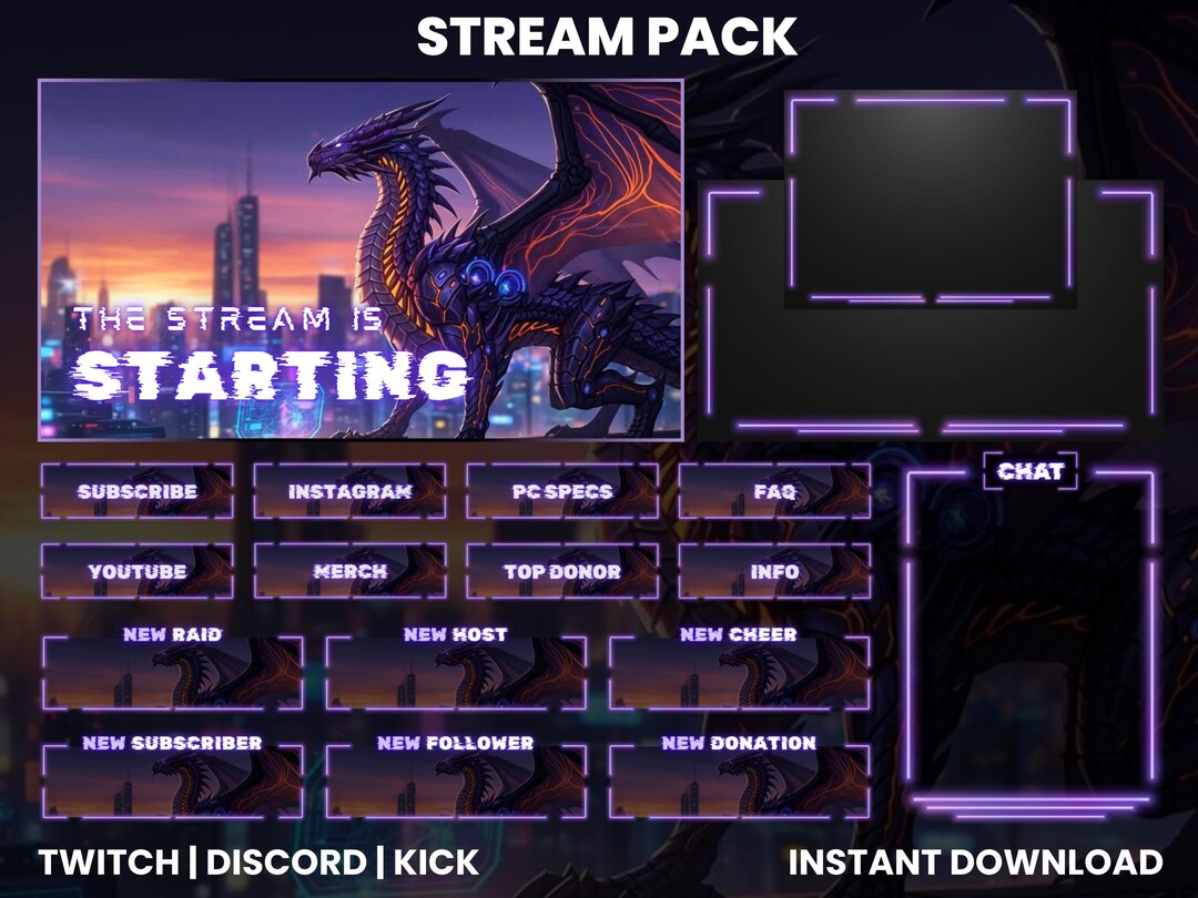 Cyber Neon Dragon Stream Pack – Neon Purple Overlays, Neon Panels ...