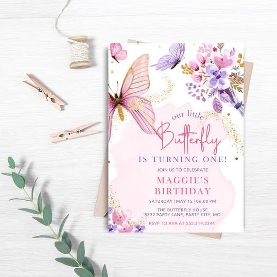 Editable Butterfly Birthday Invitation | Customizable Baby Girl Party Invite | Printable Birthday Card | Instant Download