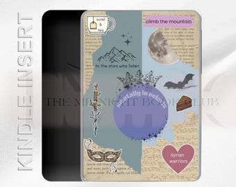 May include: A digital reader cover with a collage of images and text. The images include a moon, a bat, a sword, a crown, a mountain range, a teacup, a mask, and a heart. The text includes "climb the mountain", "to the stars who listen", "mentally in velaris", and "ilyrian warriors".