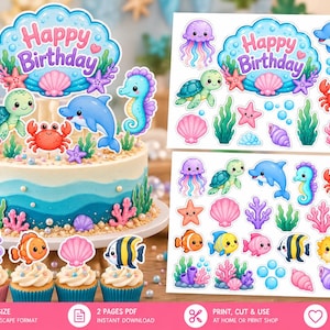 Under the Sea Cake Topper Printable, Ocean Birthday Cupcake Toppers ...