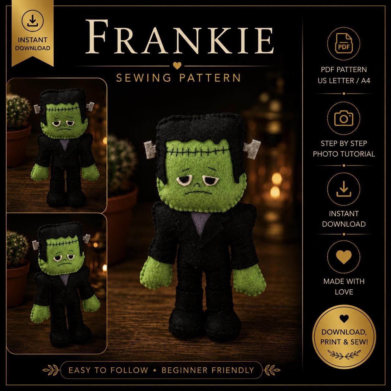 Frankenstein Felt Sewing Pattern PDF Halloween Plush Pattern DIY Felt Doll Tutorial Instant Download Beginner Friendly Sewing Pattern