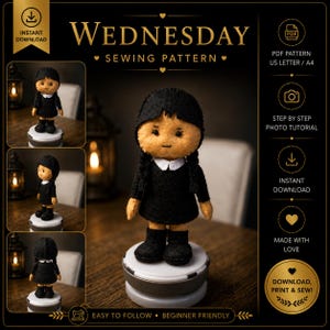 Wednesday  - PDF com molde e passo a passo para confecção da wednesday em feltro. Peça decorativa tema Halloween.
