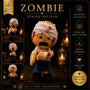 Zombie Felt Sewing Pattern PDF | Halloween Plush Pattern | DIY Felt Doll Tutorial | Handmade Felt Decoration | Instant Download