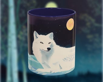 Wolf Mond Schnee Kaffeetasse, Keramik Teetasse für Naturliebhaber, niedliches Tierdesign, Küchendekoration, Geschenk für Wolf-Enthusiasten, Weihnachtsgeschenk