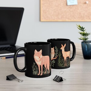 Woodland Animals Mug, Nature Lover Coffee Cup, Wolf Deer Owl Ceramic Tea Mug, Forest Creature 11oz, 15oz, Black Cup, Gift for Animal Lover,