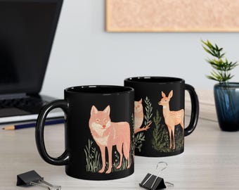 Waldtiere Becher, Naturliebhaber Kaffeetasse, Wolf Hirsch Eule Keramik Teebecher, Waldkreatur 11oz, 15oz, schwarze Tasse, Geschenk für Tierliebhaber,