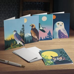 Biglietto d'auguri Birds of Prey, confezione da 5 / Arte della fauna selvatica con inchiostro acquerellabile / Set di cancelleria per amanti della natura, falco, gufo, aquila, falco