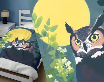 Great Horned Owl Moon Velveteen Plush Blanket - Cozy Throw for Home Decor, Gift for Nature Lovers, Fleece Bed Cover, Animal Print Sofa