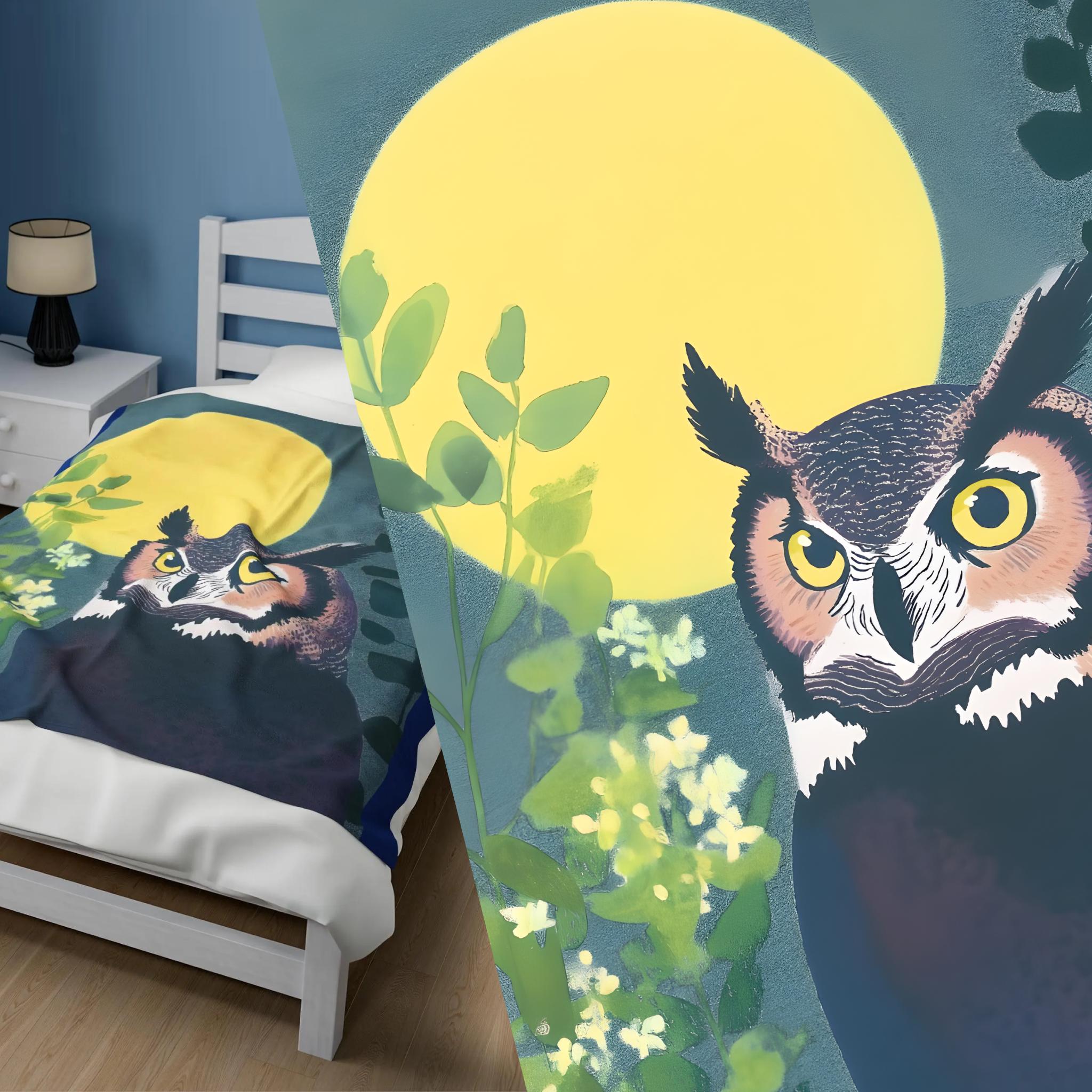 Great Horned Owl Moon Velveteen Plush Blanket - Cozy Throw for Home Decor, Gift for Nature Lovers, F
