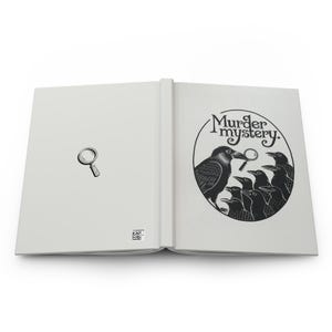 May include: An open book with a black and white illustration of crows and a magnifying glass. The text on the book reads "Murder mystery."