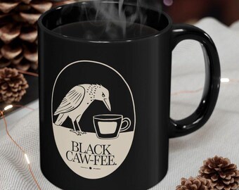Schwarze Caw-Fee Keramiktasse | Krähe Kaffeebecher | Lustiger Vogel-Liebhaber-Geschenk, lustiger Vogel-Becher, Tierliebhaber-Geschenk, Kaffeebecher mit Krähen-Entwurf, einzigartig