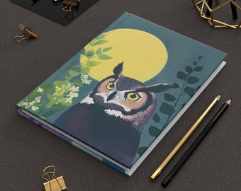 Hermoso diario de búho, búho nival, búho cornudo, cuaderno lunar, diario, cuaderno de bocetos, planificador de regalo