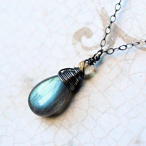 Labradorite Necklace with Citrine on Oxidized Sterling Silver - Woodglow by CircesHouse on Etsy