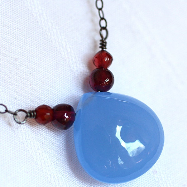 RESERVED Blue Chalcedony Necklace With Garnet on Oxidized Sterling Silver - Scarlet Sea by CircesHouse on Etsy
