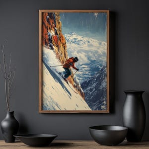 Off-Piste Skiing Poster Printable - Vintage Winter Ski Wall Art, Retro Mountain Adventure Scene, Snowy Backcountry Ski Decor V_10