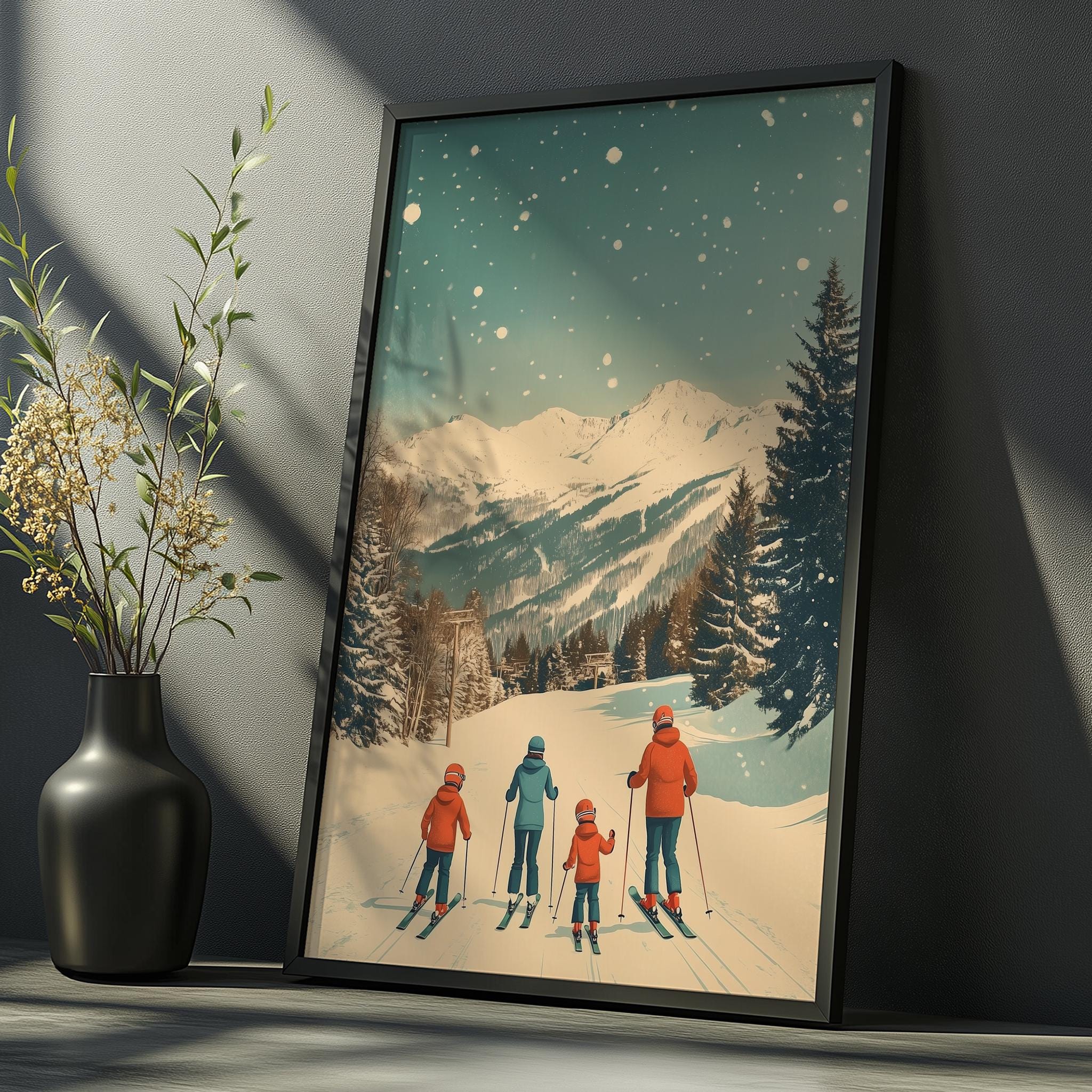 Vintage Ski Resort Poster - Winter Family Skiing Scene, Printable Wall ...