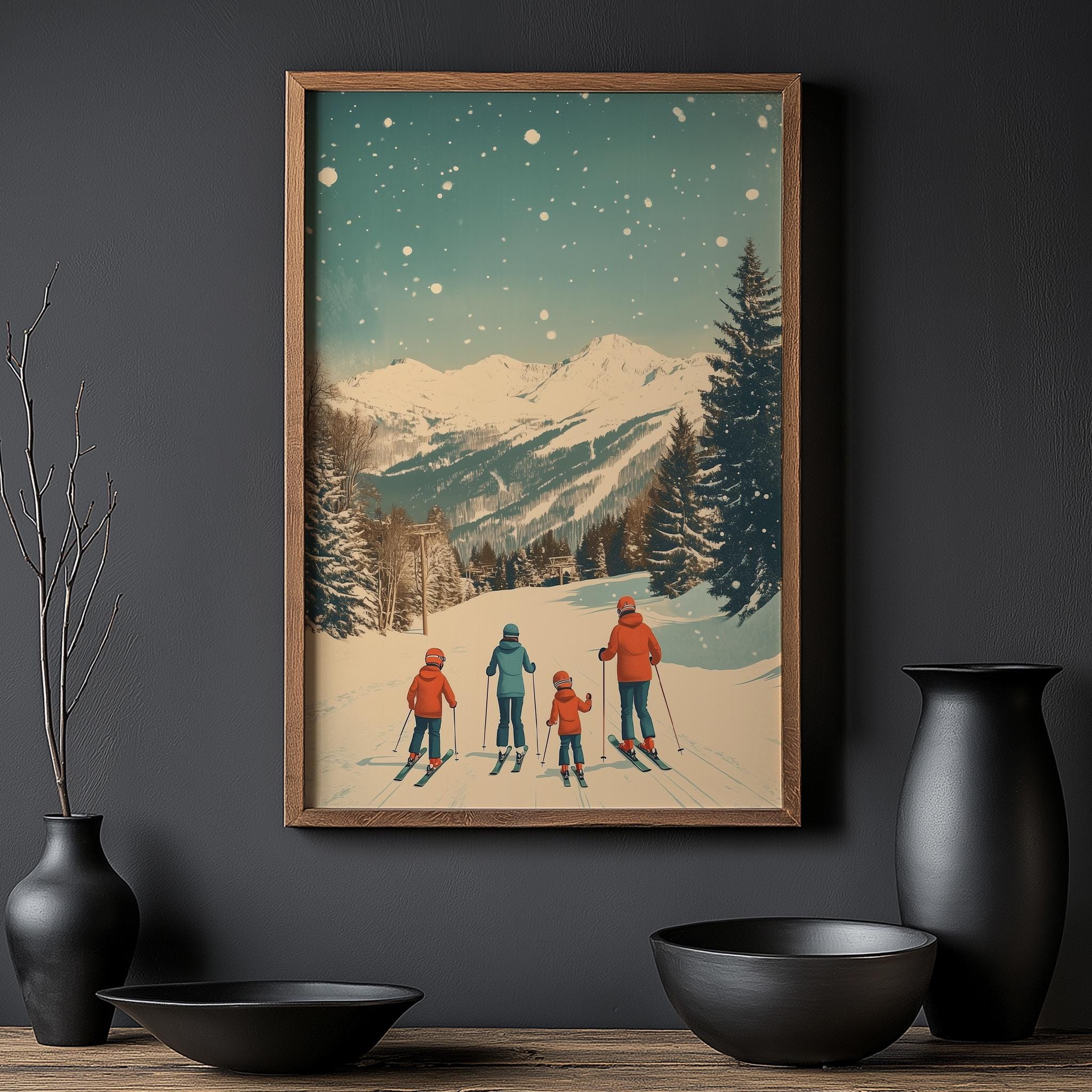 Vintage Ski Resort Poster - Winter Family Skiing Scene, Printable Wall ...