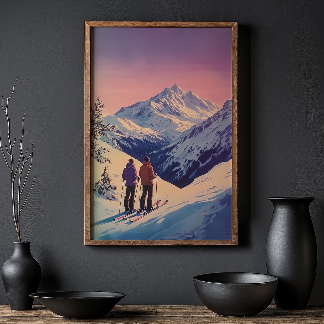 Vintage Ski Resort Poster Printable - Purple Sunset, Winter Mountain ...