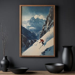 Stimmungsvolles Off-Piste Skiing Poster zum ausdrucken - Vintage Winter Ski Wandkunst, Retro Bergabenteuer Szene, verschneiter Skifahrer Dekor V_2