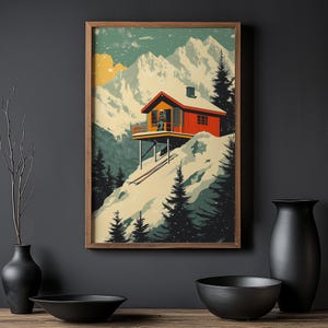 Vintage Ski Resort Poster Wall Art, Ski Cabin, Mountain Hut, Ski Patrol, Snow Landscape, Printable Digital Download V_13