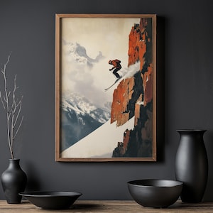 Off-Piste Skiing Poster Printable - Vintage Winter Ski Wall Art, Retro Mountain Adventure Scene, Snowy Backcountry Ski Decor V_8