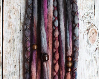 10 Custom Clip In or Braid In Dreadlock Extensions Color Mix: Sundown Boho Tie Dye Wool Synthetic Dreads Hair Wraps and Beads
