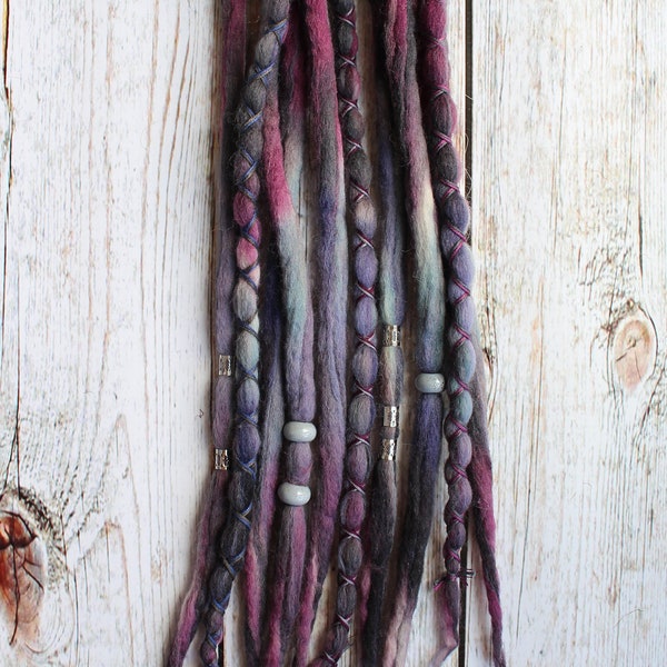 10 Custom Clip In or Braid In Dreadlock Extensions Color Mix: Purple Smoke LE Boho Tie-Dye Wool Synthetic Dreads Hair Wraps and Beads