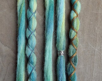 5 Custom Clip In or Braid In Dreadlock Extensions Color Mix: Chameleon Boho Tie Dye Wool Synthetic Dreads Hair Wraps and Beads