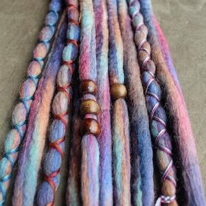 10 Custom Clip In or Braid In Dreadlock Extensions Color Mix: Jewel Tone Boho Tie Dye Wool Synthetic Dreads Hair Wraps and Beads image 1